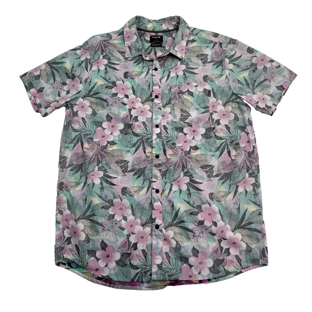 Hurley Men's Spray Gun SS Shirt Floral Green Pink CN5281 Size Large